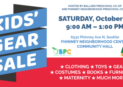 Phinney and Ballard Preschool Co-op Kids’ Gear Sale this Saturday morning